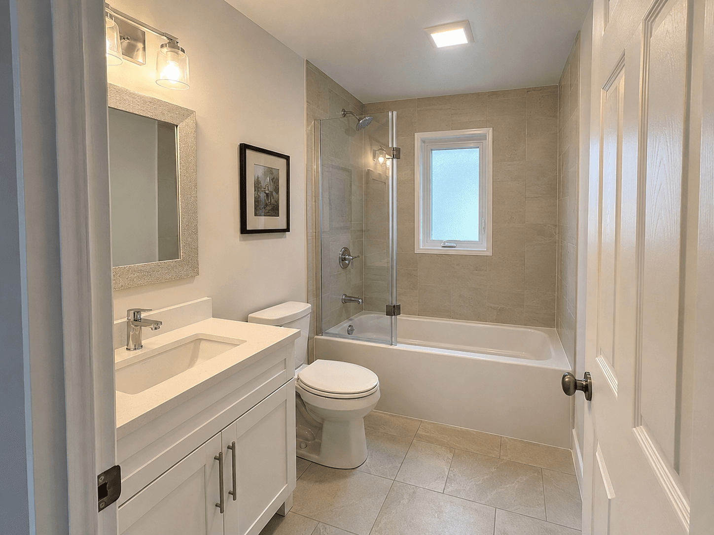 Renovated bathroom with a double vanity, tub, tile, and glass shower panel