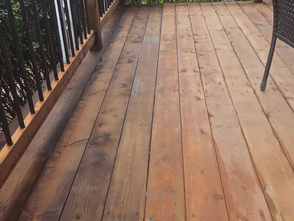 Wood deck boards and black railing detail