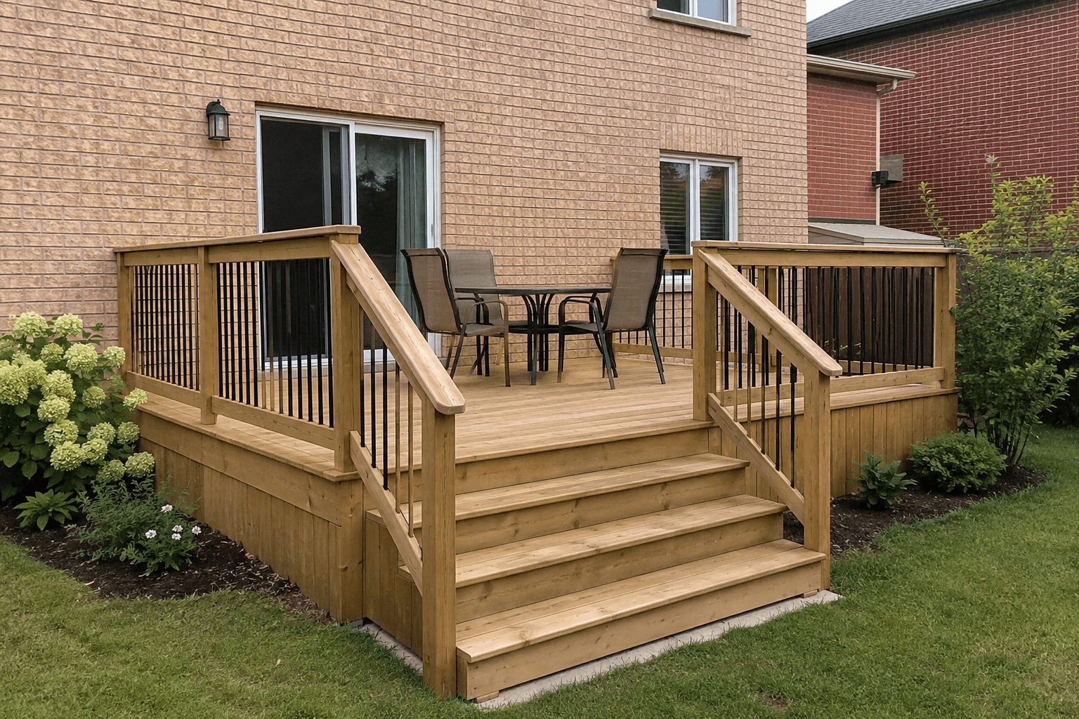 Wood backyard deck with broad stairs and black railings