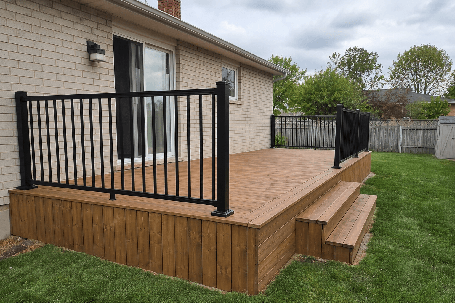 Low wood deck with black railings beside a brick home