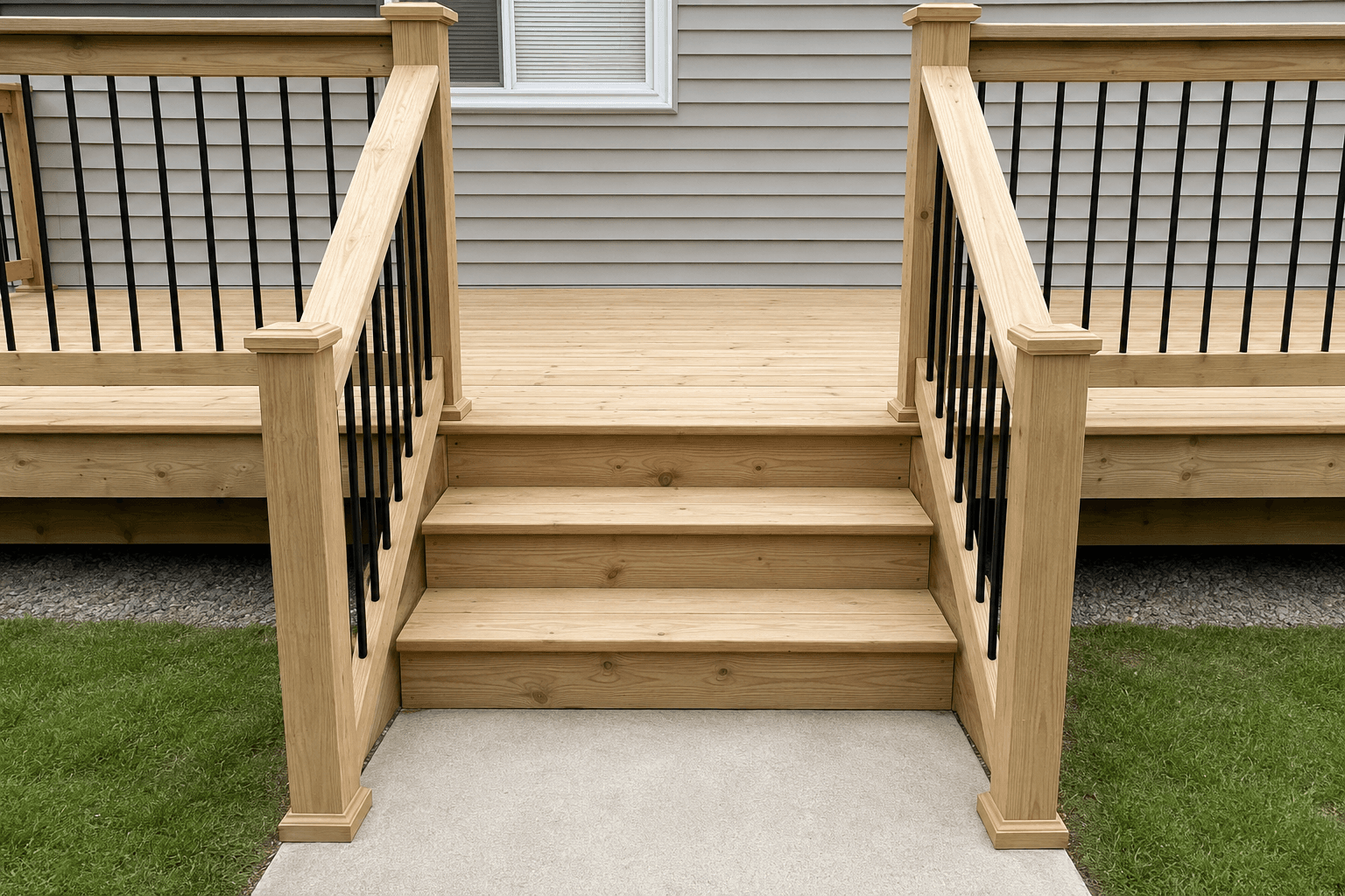 New wood deck stairs framed by black metal railings