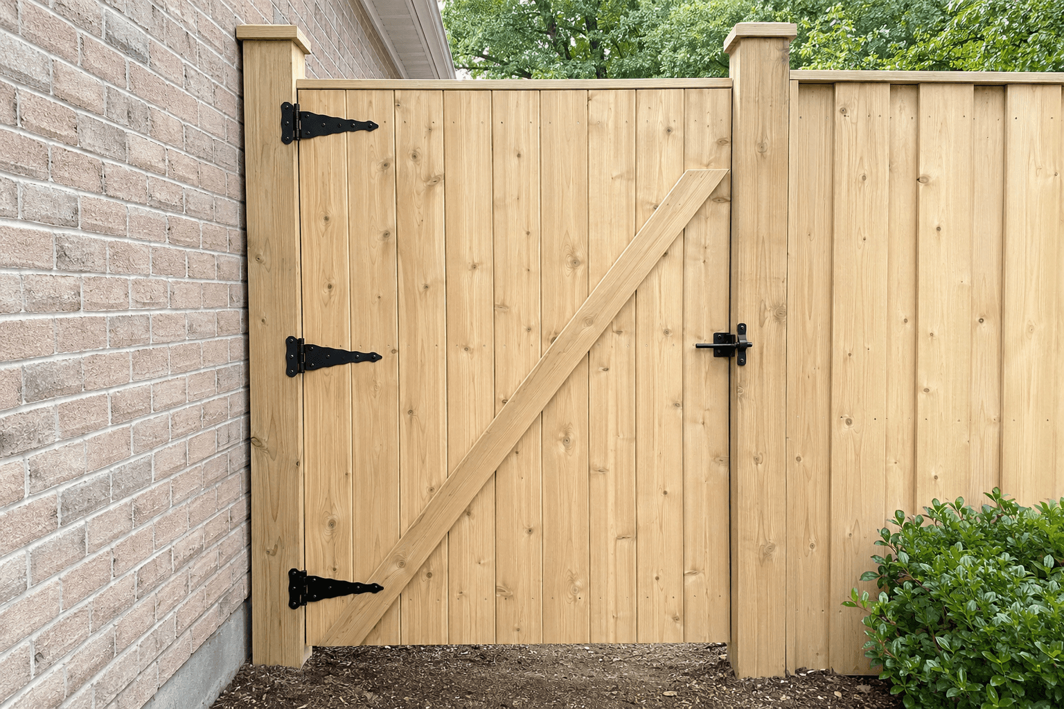 New wood privacy gate with black hinges and latch