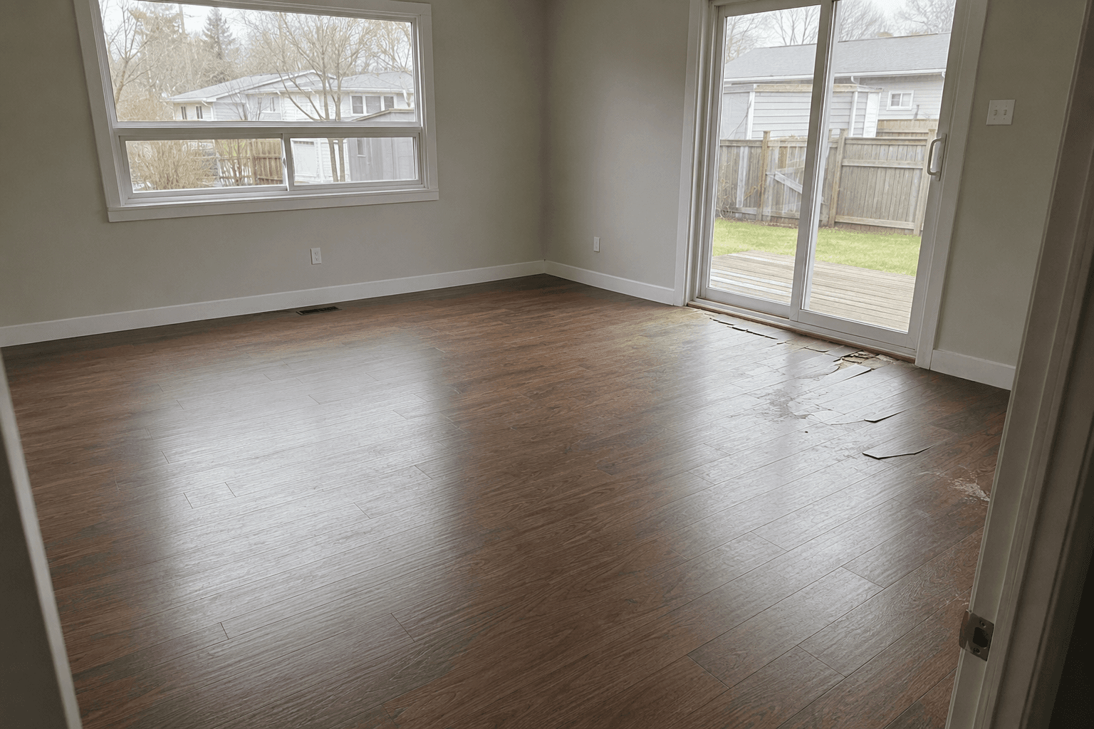 Dark wood flooring with visible worn and damaged areas near patio doors