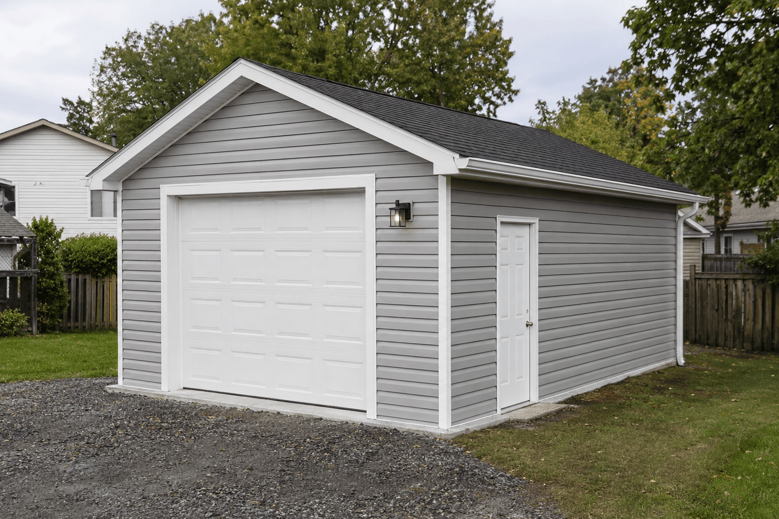 Detached grey garage with a shingle roof and side entry door