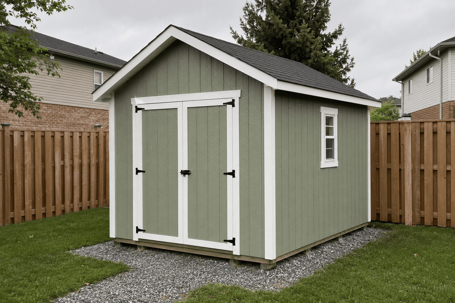 Green backyard shed with double doors, white trim, and a shingle roof