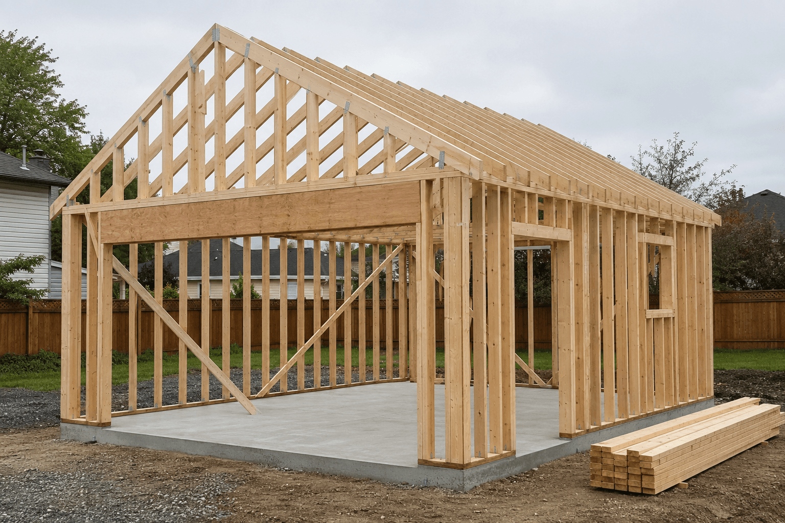 Timber framing in progress for a detached garage