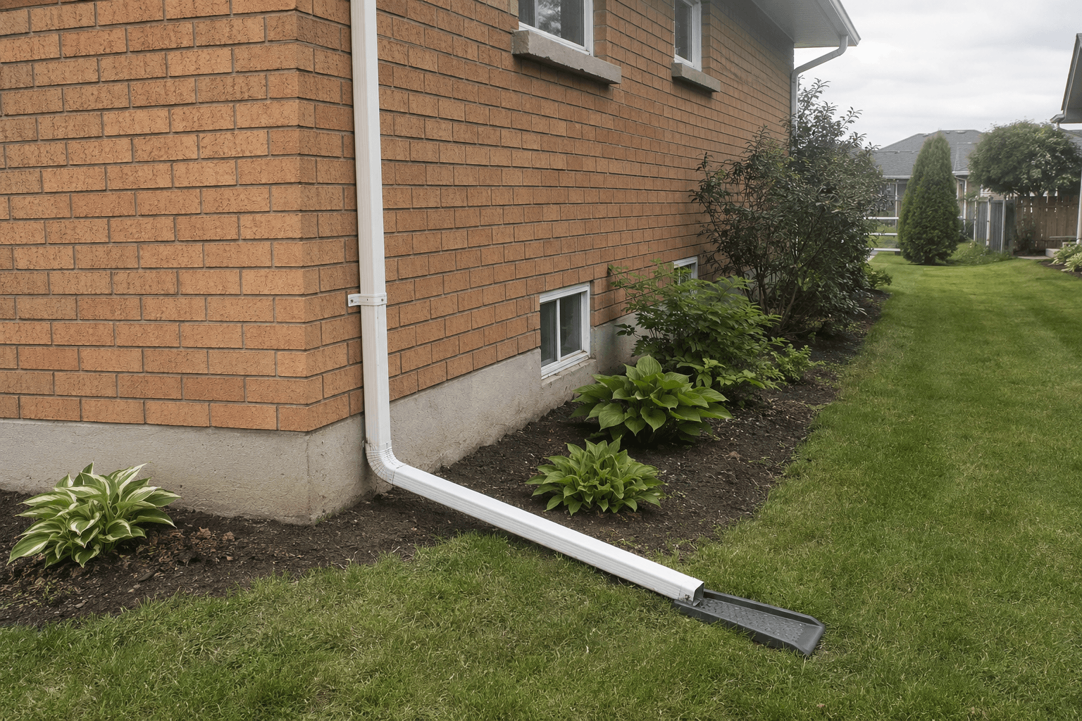 Downspout extension directing water across a garden bed toward the lawn