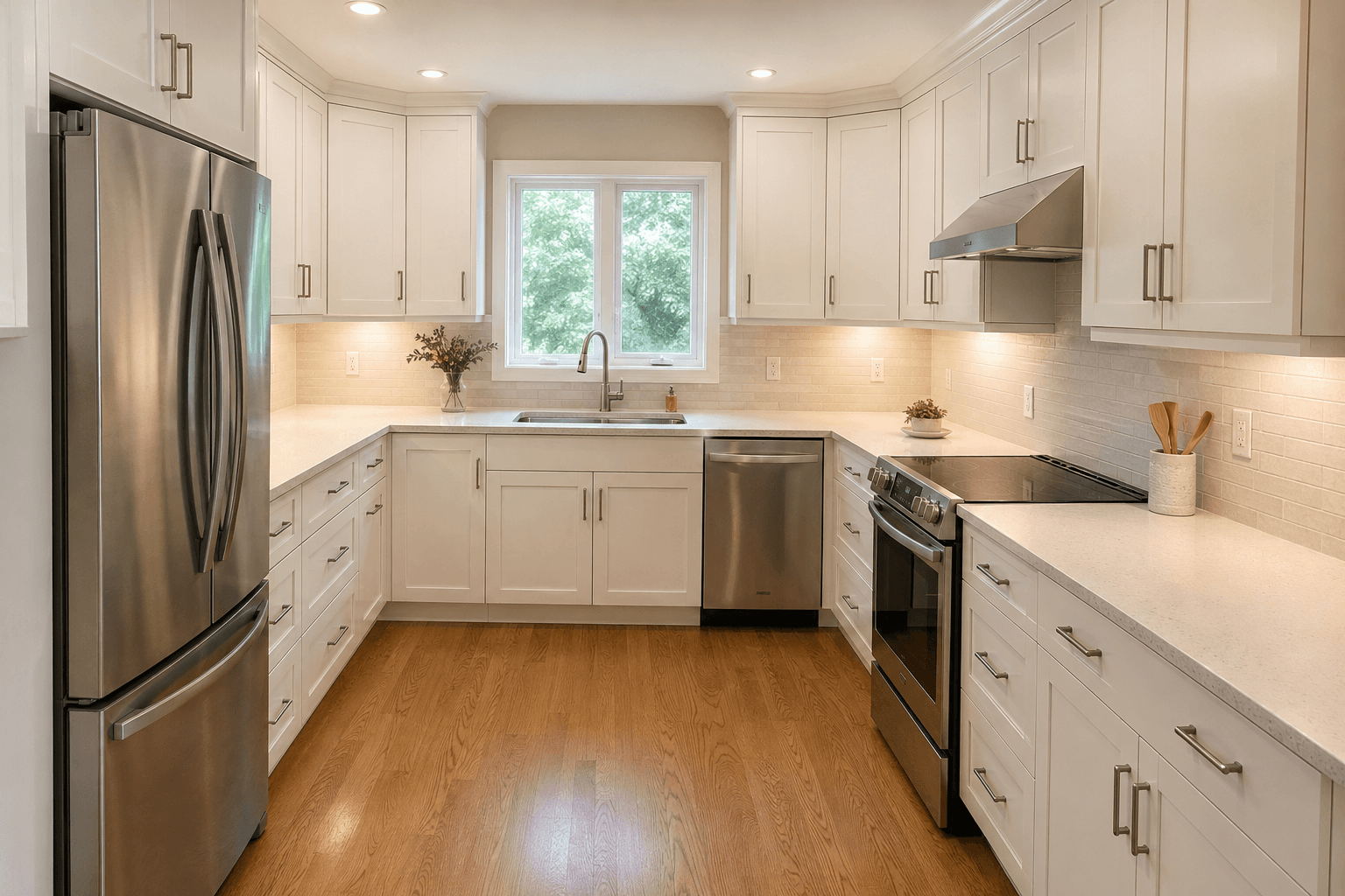Bright white kitchen with shaker cabinets, stone counters, and wood flooring