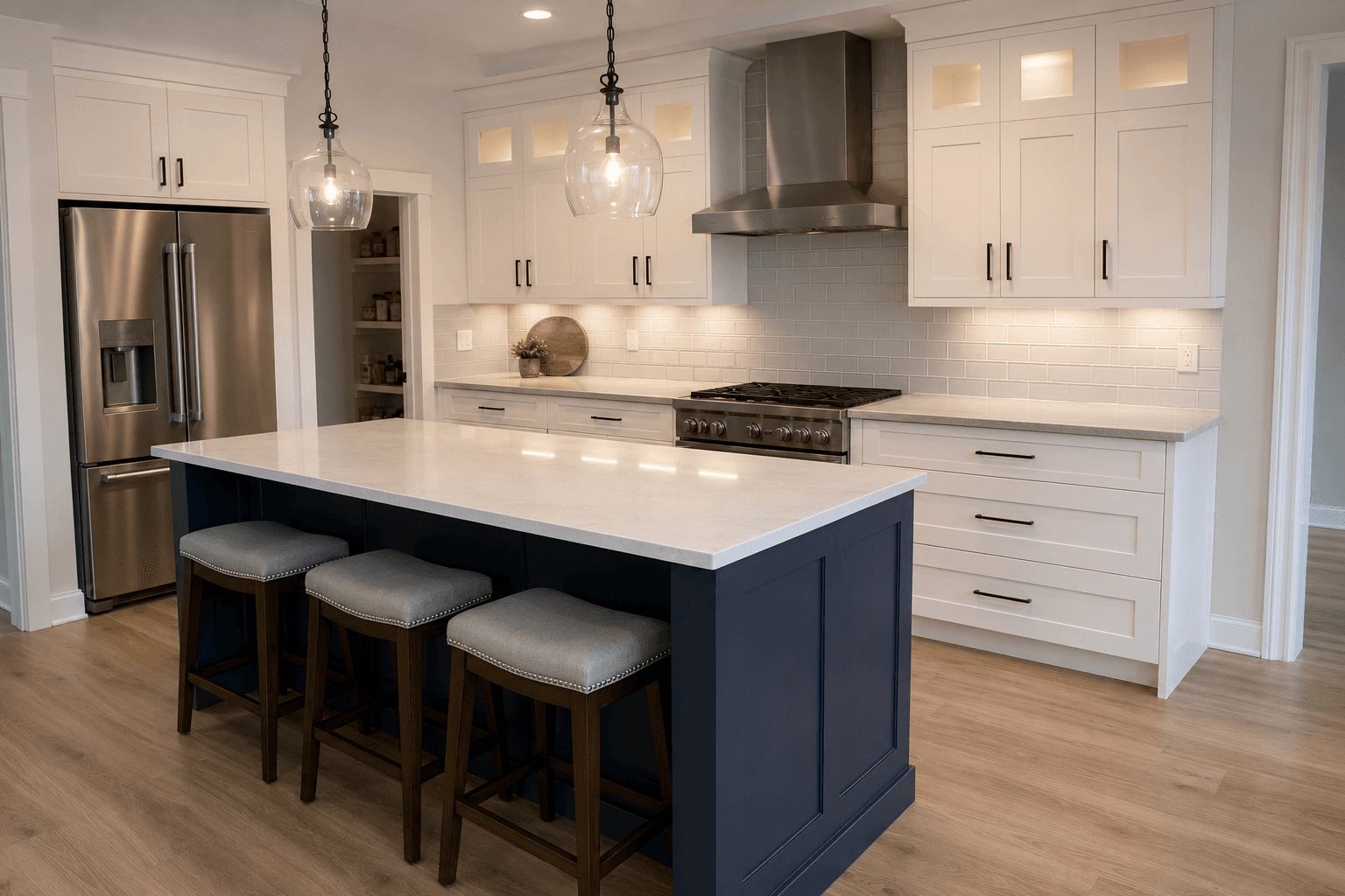 White kitchen with a navy island, pendant lights, and counter seating