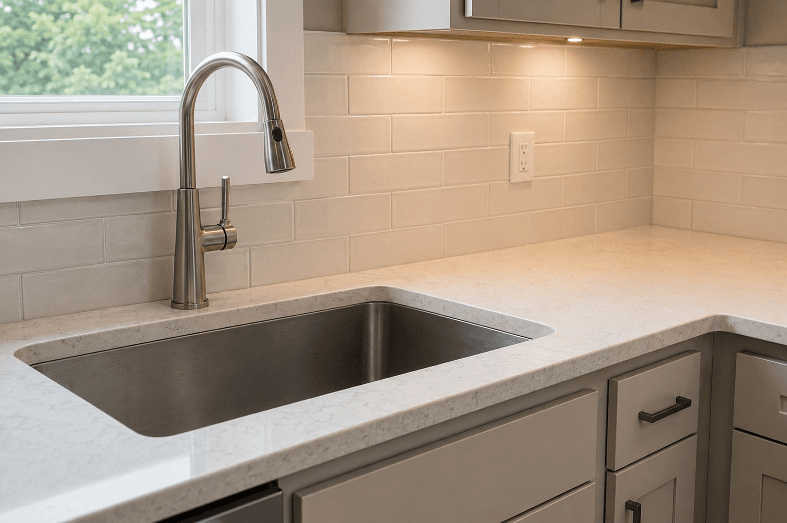 Kitchen sink, quartz counter, and white subway tile backsplash