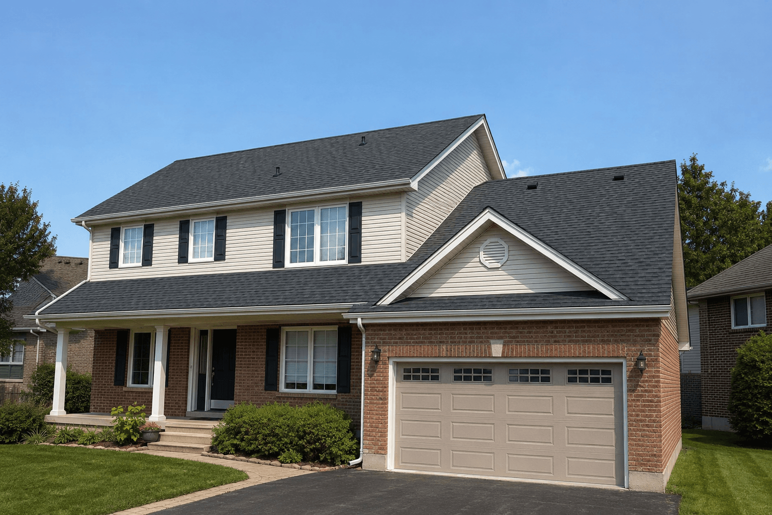 Two-storey brick home with a dark asphalt shingle roof