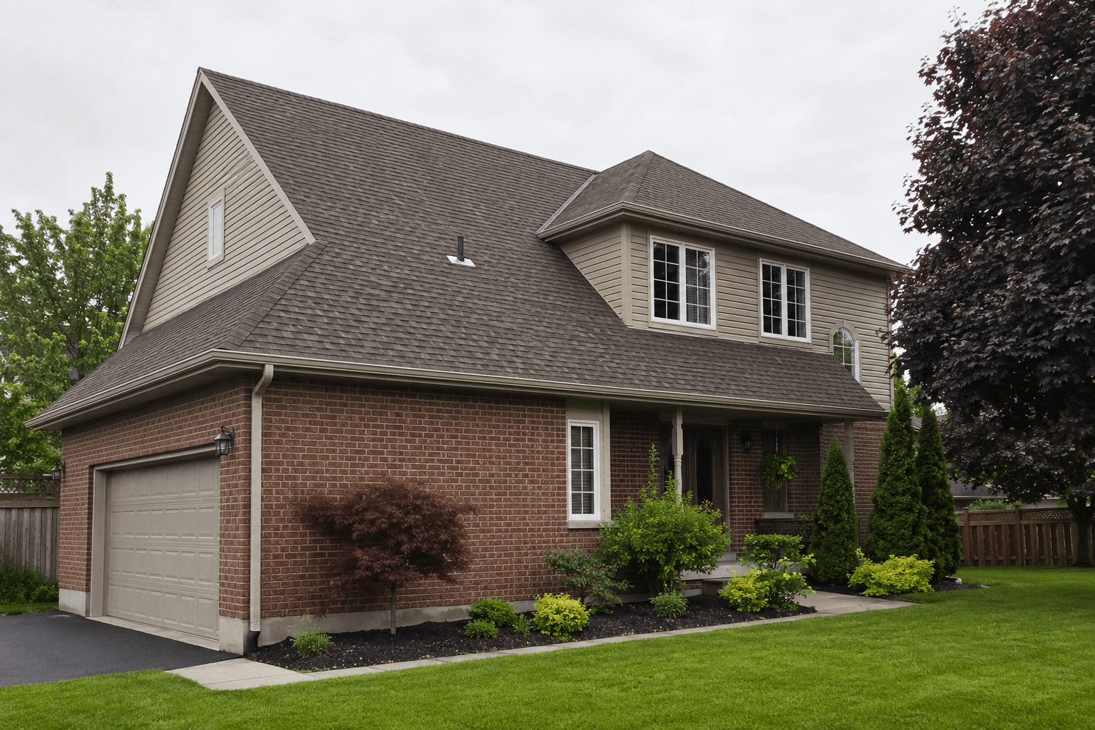 Brick home viewed from the driveway with a steep shingle roof
