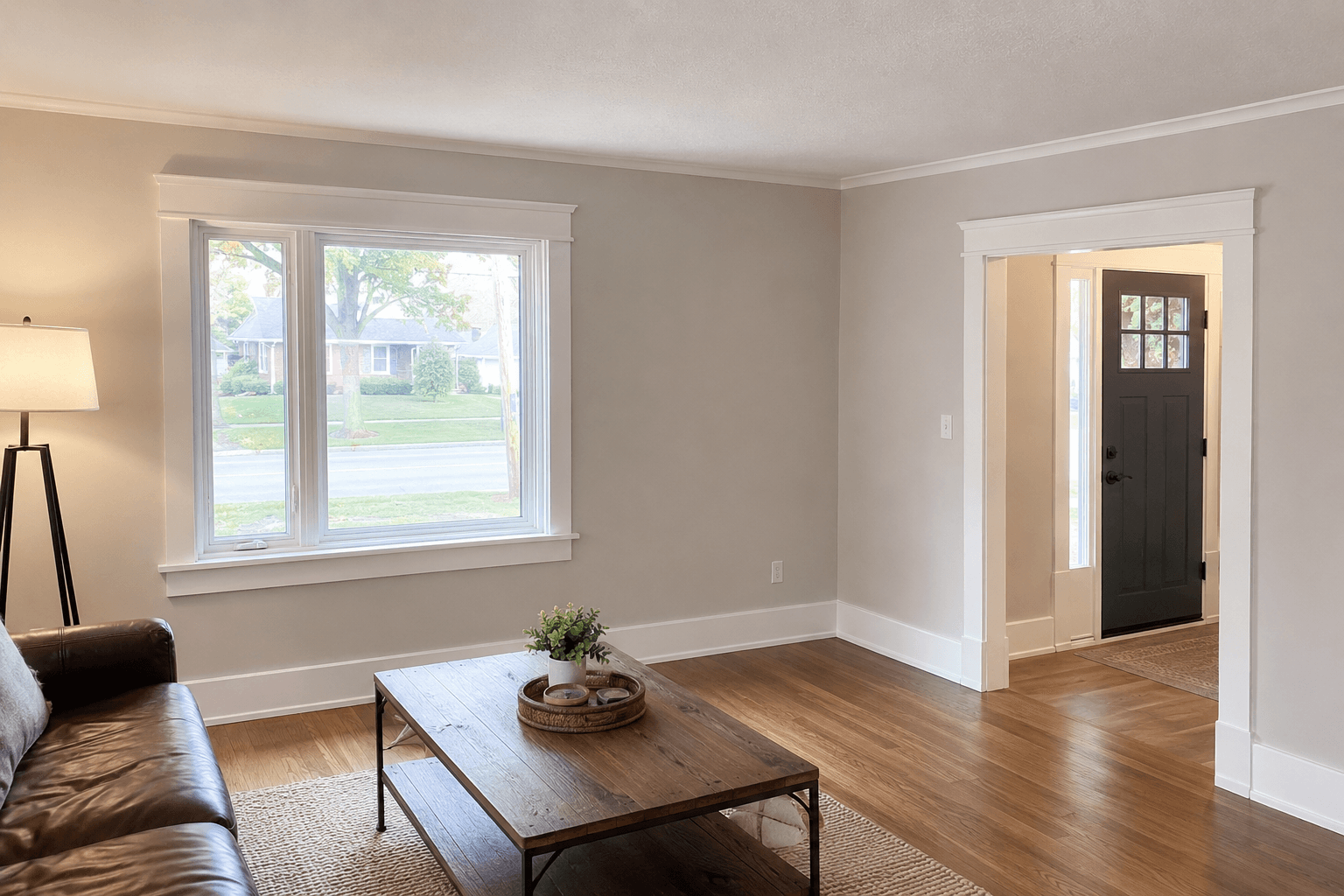 Finished living room with white baseboards, window casing, and doorway trim